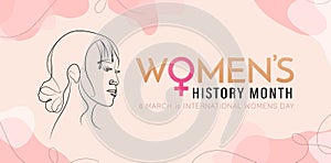 Women`s history month illustration of a hand drawn silhouette head face lady vector design, applicable for website banner, header