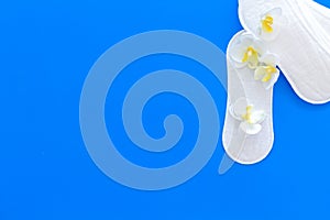 Women`s hygiene products. Critical days concept. Sanitary pads near small flowers on blue background top view copy space