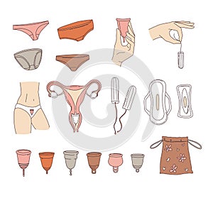 Women`s hygiene supplies for menstruation: underpants, pads, tampons, menstrual cup
