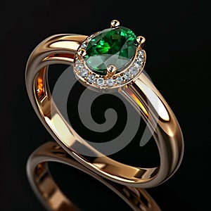 Women\'s jewelry gold ring with precious green emerald stone and shiny diamonds, close-up