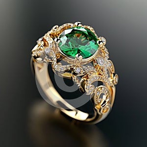 Women\'s jewelry gold ring with precious green emerald stone and shiny diamonds, close-up