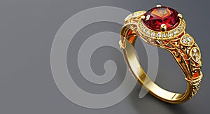 Women\'s jewelry gold ring with precious red garnet stone and shiny diamonds, close-up