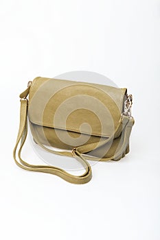 Women's khaki leather bag, isolate on a white background. front view