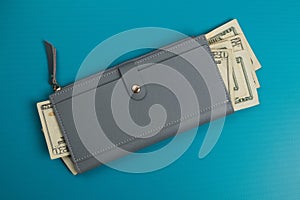 Women`s leather wallet studio image. Dollar bills. Gray womens wallet with banknotes. Dollars in a wallet