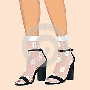 Women`s legs in black shoes and white socks with daisies. Vector fashion illustration