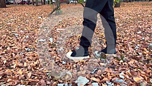 Women`s legs close up in stylish leather boots walking through the autumn park and kicking the yellow fallen maple foliage