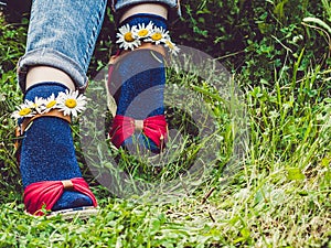 Women`s legs, fashionable shoes and bright socks