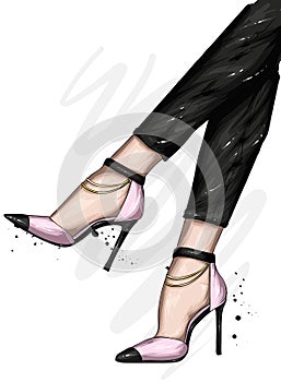 Women`s legs in stylish high-heeled shoes and trousers. Fashion and style, clothing and accessories. Vector illustration.