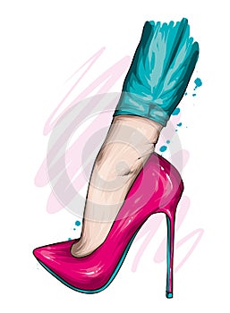 Women`s legs in stylish high-heeled shoes and trousers. Fashion and style, clothing and accessories. Vector illustration.