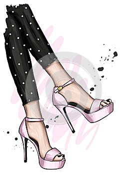 Women`s legs in stylish high-heeled shoes and trousers. Fashion and style, clothing and accessories. Vector illustration.