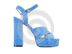 Women`s light blue velvet high heels shoes on a white