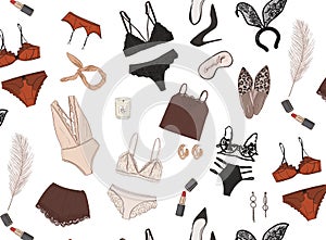 Women`s lingerie hand-drawn background, blach beige underwear set illustration in vector. Sexy undergarment boutique advert,