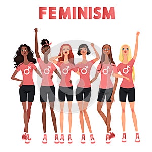 Women`s march, protest, meeting. Fight for women`s rights. An international group of women stands for feminism.Vector illustration