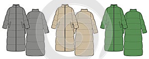 Women's maxi down jackets, color variants. Vector illustration.