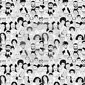 Women`s men`s head portraits line drawing doodle poster seamless pattern