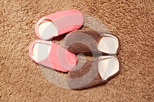 Women`s and men`s slippers standing on the carpet. Two pairs of house shoes