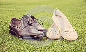 Women`s and men`s wedding shoes, retro filter