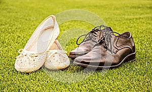 Women`s and men`s wedding shoes, yellow filter