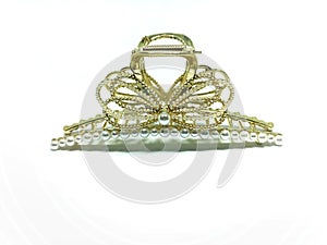 Women's Metallic Gold Hair Clip or Hair Pin with Pearl Beads on White Background