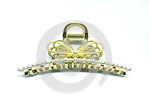 Women's Metallic Gold Hair Clip or Hair Pin with Pearl Beads on White Background