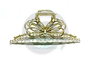 Women's Metallic Gold Hair Clip or Hair Pin with Pearl Beads on White Background