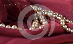 Women`s necklace made of natural pearls on dark red chiffon fabric