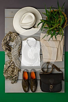 Women's outfit on wooden background. fashion clothes. beige straw hat, beige pant, white shirt, green scarf black