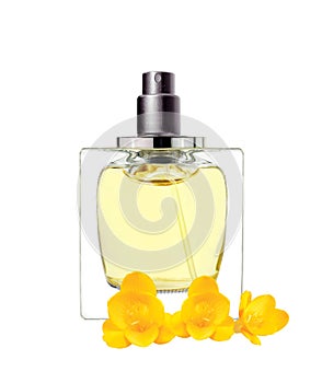 Women's perfume in beautiful bottle and freesia flowers isolated