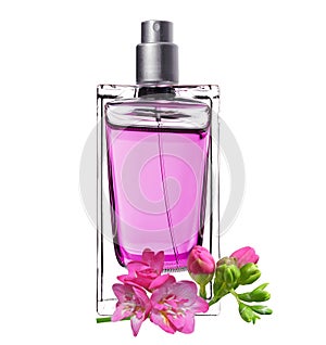 Women's perfume in beautiful bottle and freesia isolated