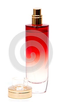 Women`s perfume in beautiful bottle isolated on white