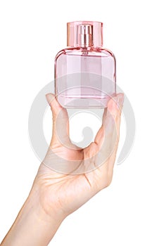 women& x27;s perfume in beautiful pink bottle isolated on white background, luxury smell, crystall glass. copy space, template