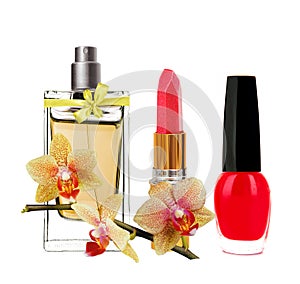 Women's perfume in bottle, lipstick, nail polish