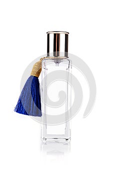 Women`s perfume bottles on a white background with reflection, isolated