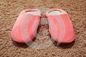 Women`s pink slippers standing on the carpet. House shoes