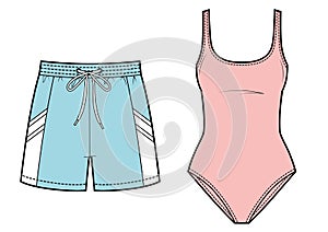 Women's pink swimsuit and men's blue swimming trunks shorts for swimming.