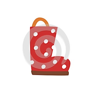 Women\'s red autumn boots in white polka dots. Children\'s rubber bands