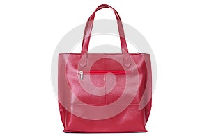 Women`s red leather bag on the back isolated on a white background