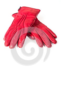 Women`s Red Leather Gloves Isolated on White Background