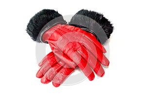 Women`s Red Leather Gloves with Rabbit Fur