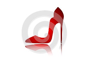 Women`s red shoes with high heels. Graphic design. Image for store, company, business logo. Vector sign isolated on white