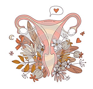 Women`s reproductive system uterus with floral flowers pattern photo
