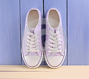 Women& x27;s retro hipster sneakers with white laces on a pink wooden