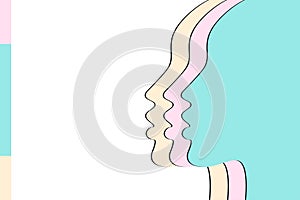 Women`s rights concept background. Three silhouettes of female heads with pastel colors. Equality and feminism.
