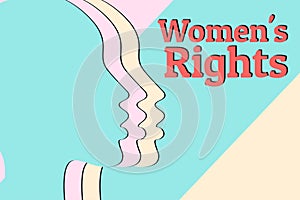 Women`s rights concept background. Three silhouettes of female heads with pastel colors. Equality and feminism.