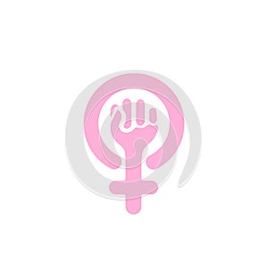 Women`s rights symbol, female fist with a cross in a circle sign, vector logotype template.