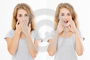 Women's rights. Before after young woman show gesture hush shh silent close mouth by hands. Blonde young beautiful woman
