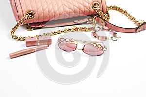 Women`s set of fashion accesshoes, handbag, sunglasses, lipstick