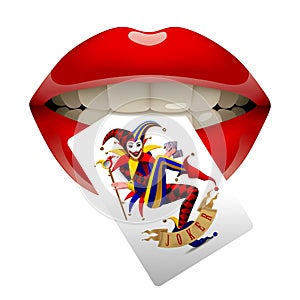 Women\'s sexy glossy red lips with a Joker playing card in their teeth isolated on white