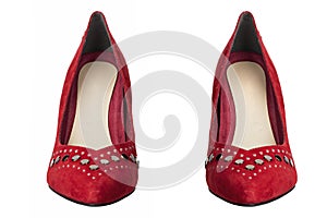 Women`s  sexy red suede shoes with heels Isolated on white background. file contains clipping path