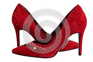 Women`s  sexy red suede shoes with heels Isolated on white background. file contains clipping path